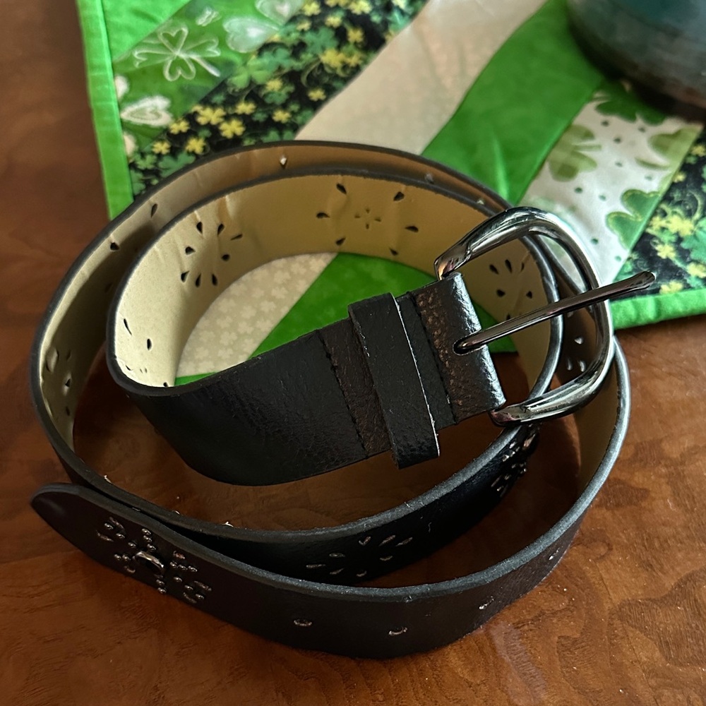 Vintage Black Leather Belt with Floral Cutouts and black gemstone